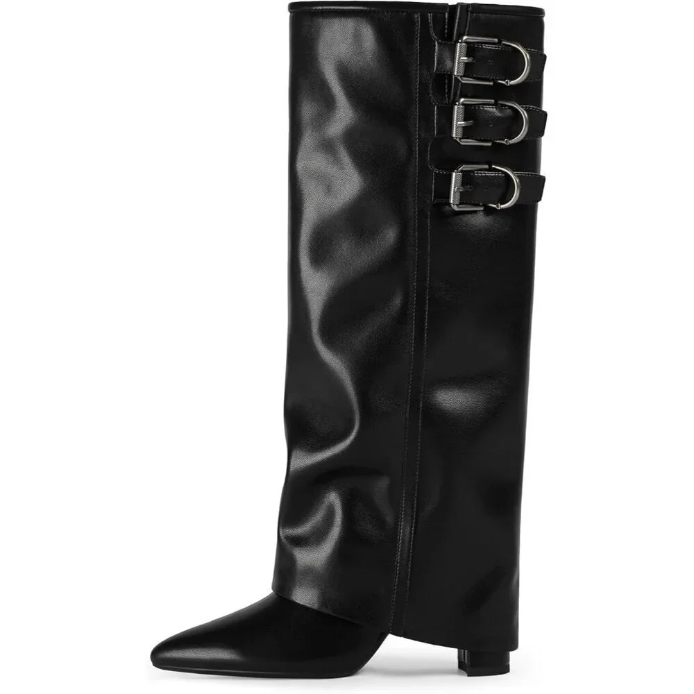 Women Black-buckle Faux Leather Fold Over Knee High Chunky High Heels Boot